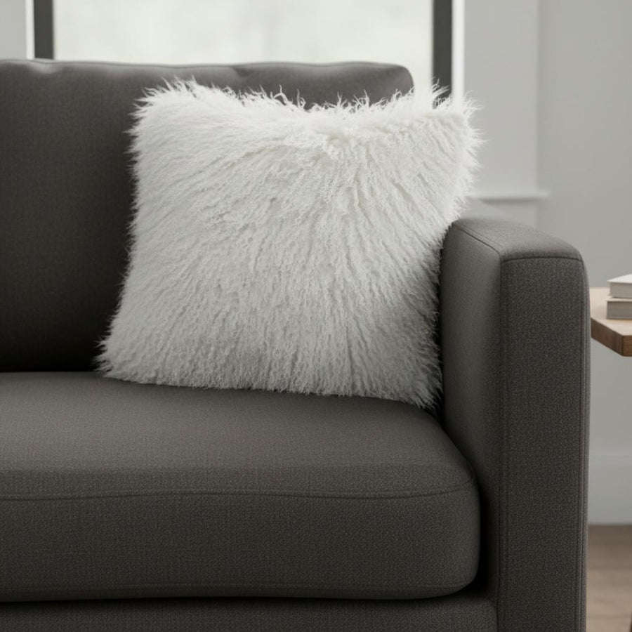 20" Bright White Genuine Tibetan Lamb Fur Pillow With Microsuede Backing