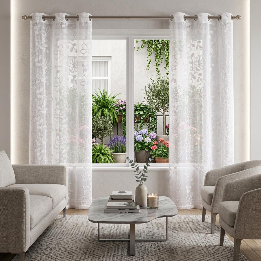 Set of Two 84" White Floral Embroidered Window Panels