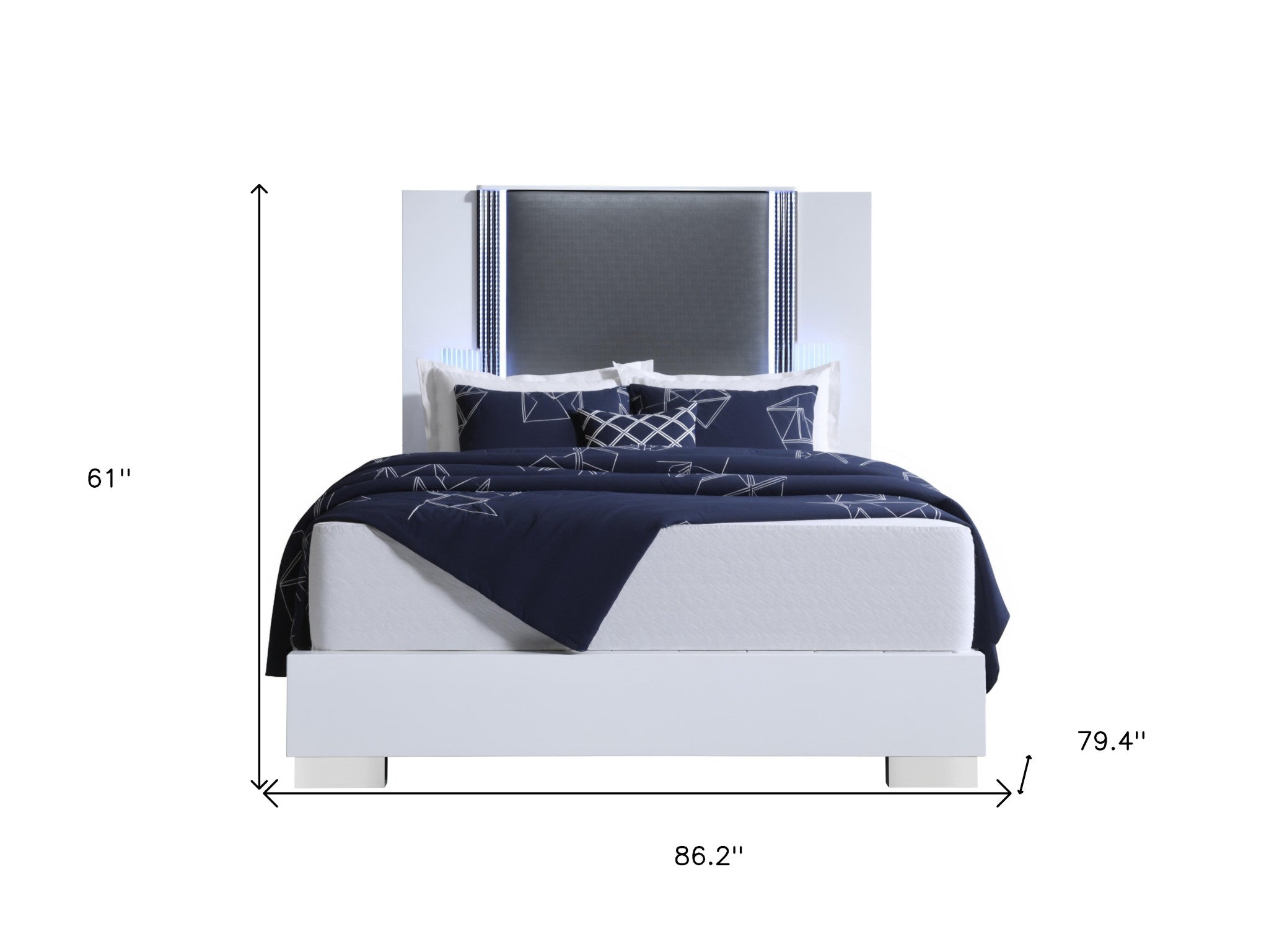 White and Gray Wood And Faux Leather Lighted King Bed Frame
