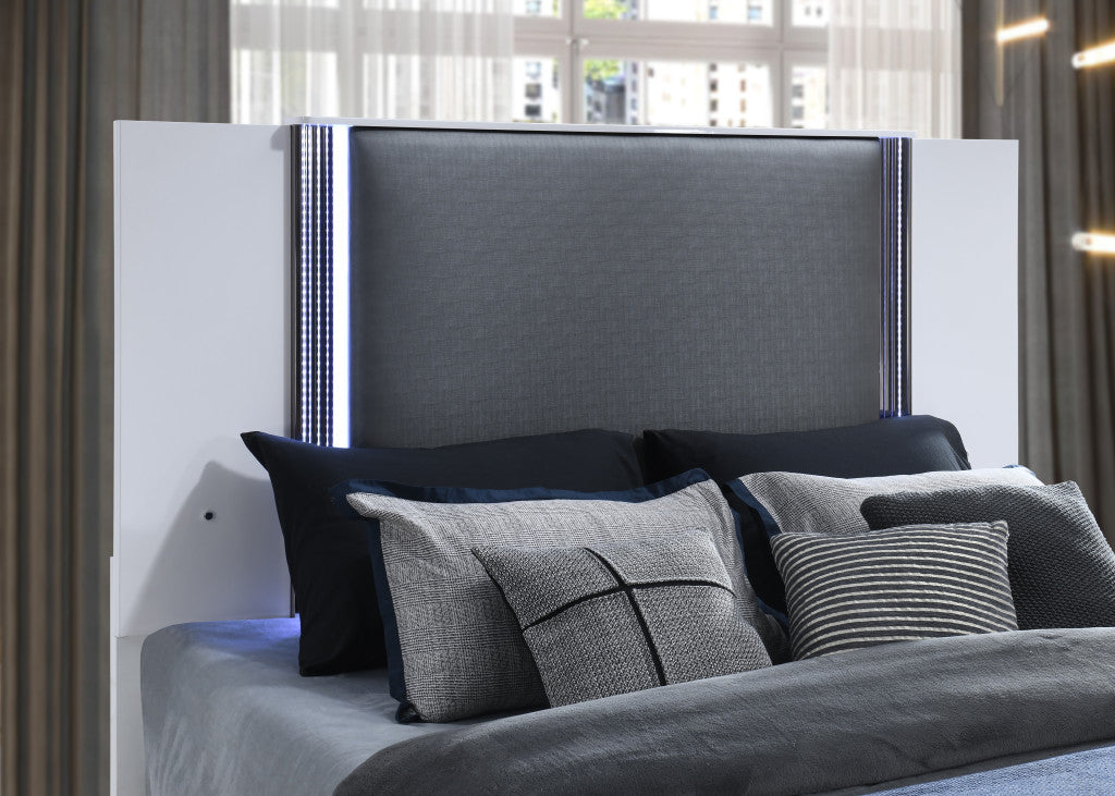 White and Gray Wood And Faux Leather Lighted King Bed Frame