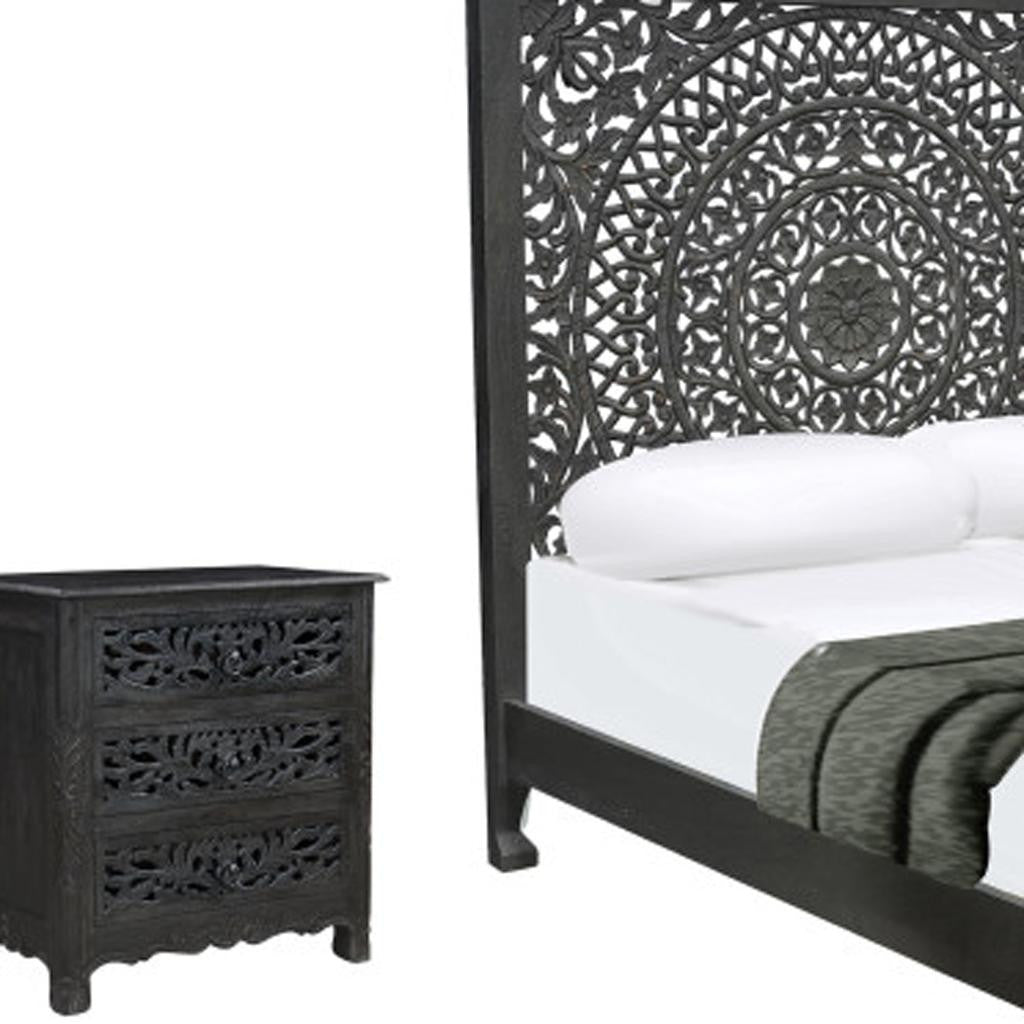 Three Piece Black Solid Wood Bedroom Set