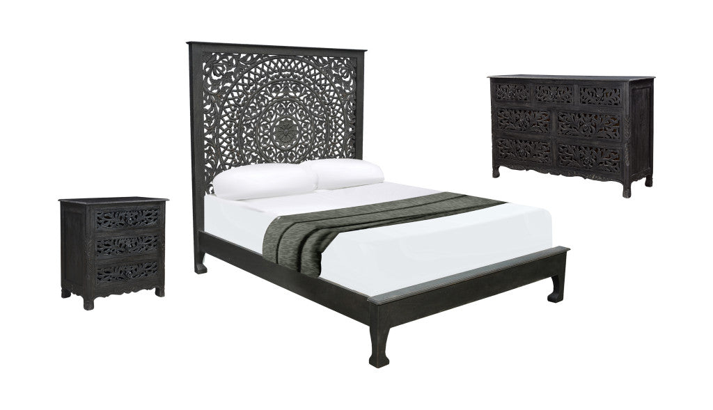 Three Piece Black Solid Wood Bedroom Set