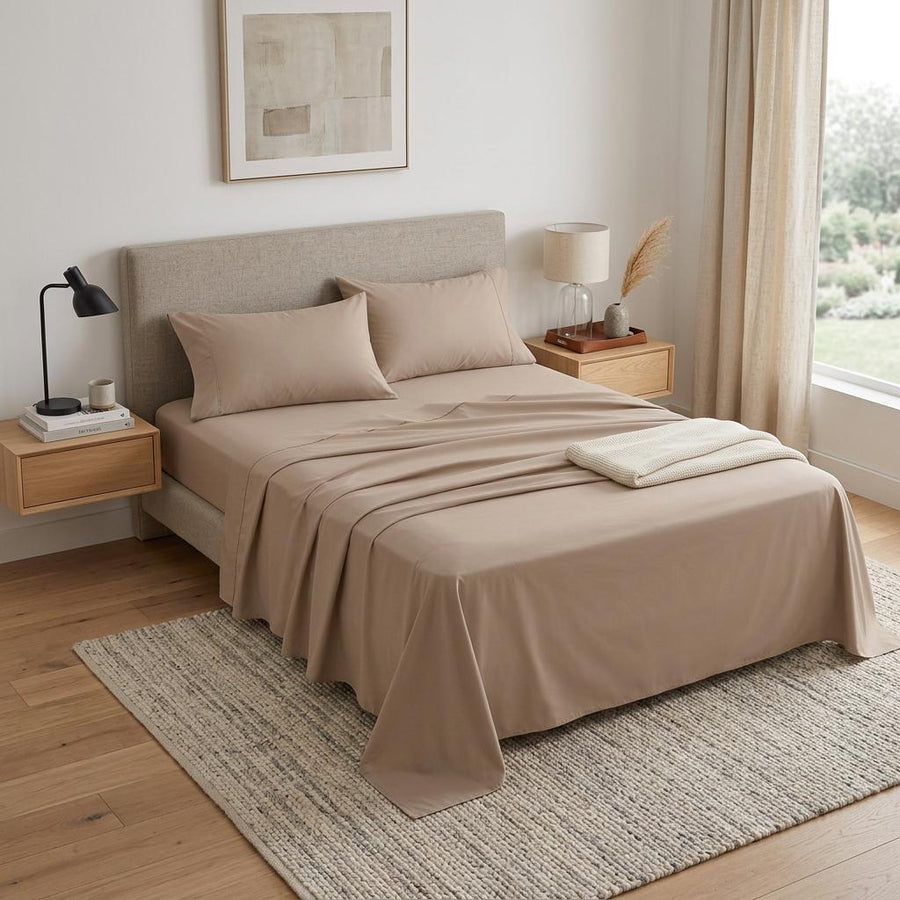 Four Piece Light Brown Cotton Queen Sheet Set