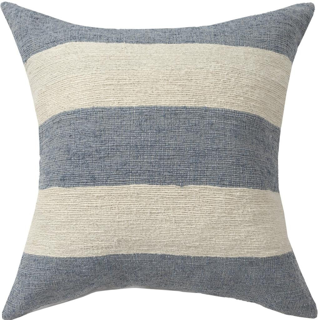 24" Blue And Ivory Striped Linen Blend Throw Pillow