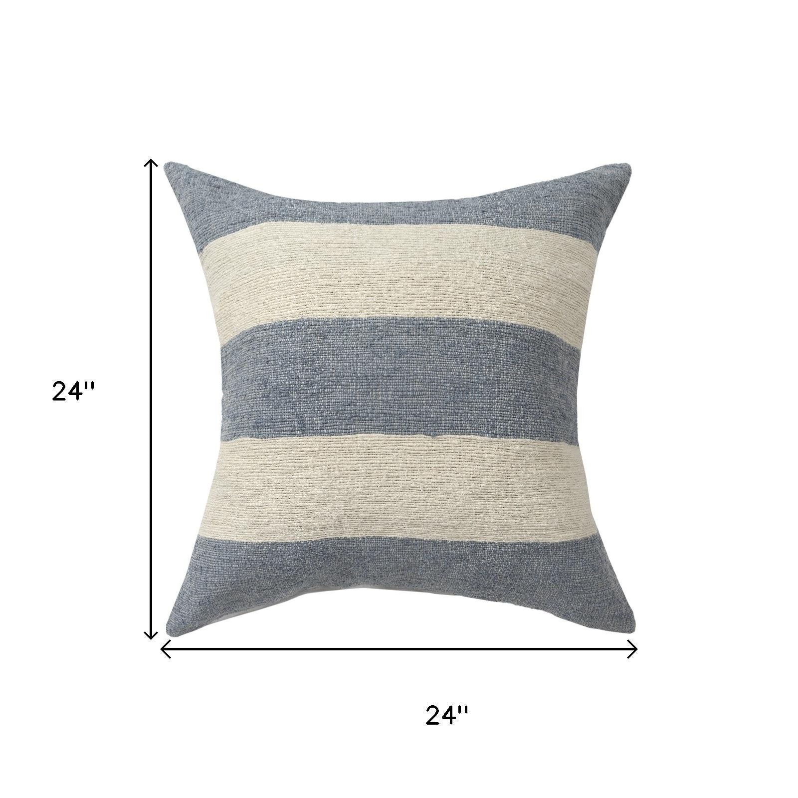 24" Blue And Ivory Striped Linen Blend Throw Pillow
