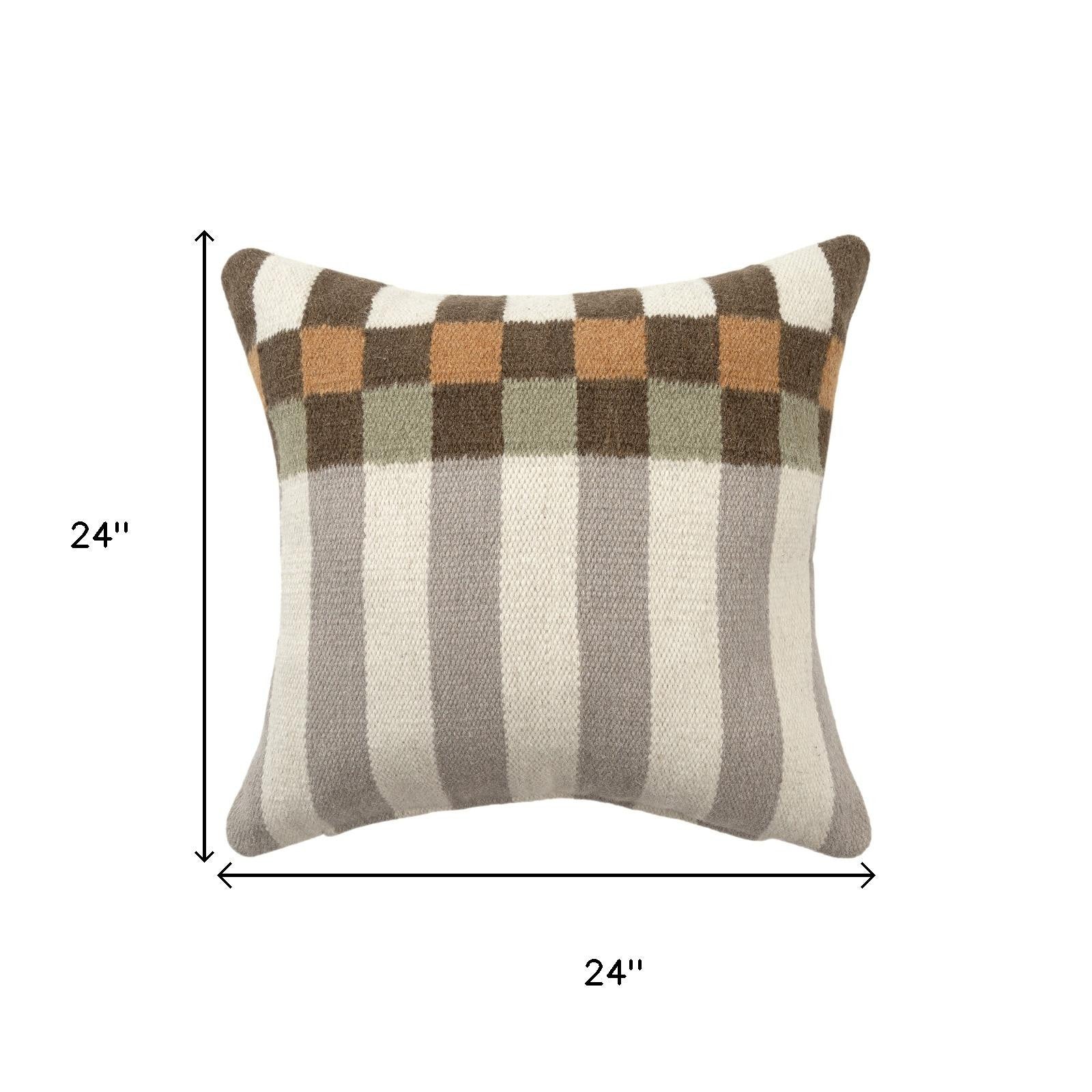 24" Beige Brown Burnt Orange And Gray Geometric Wool Blend Throw Pillow