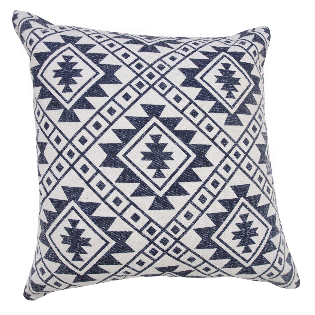Set of Two 20" Navy Blue And Beige Geometric Cotton Throw Pillows