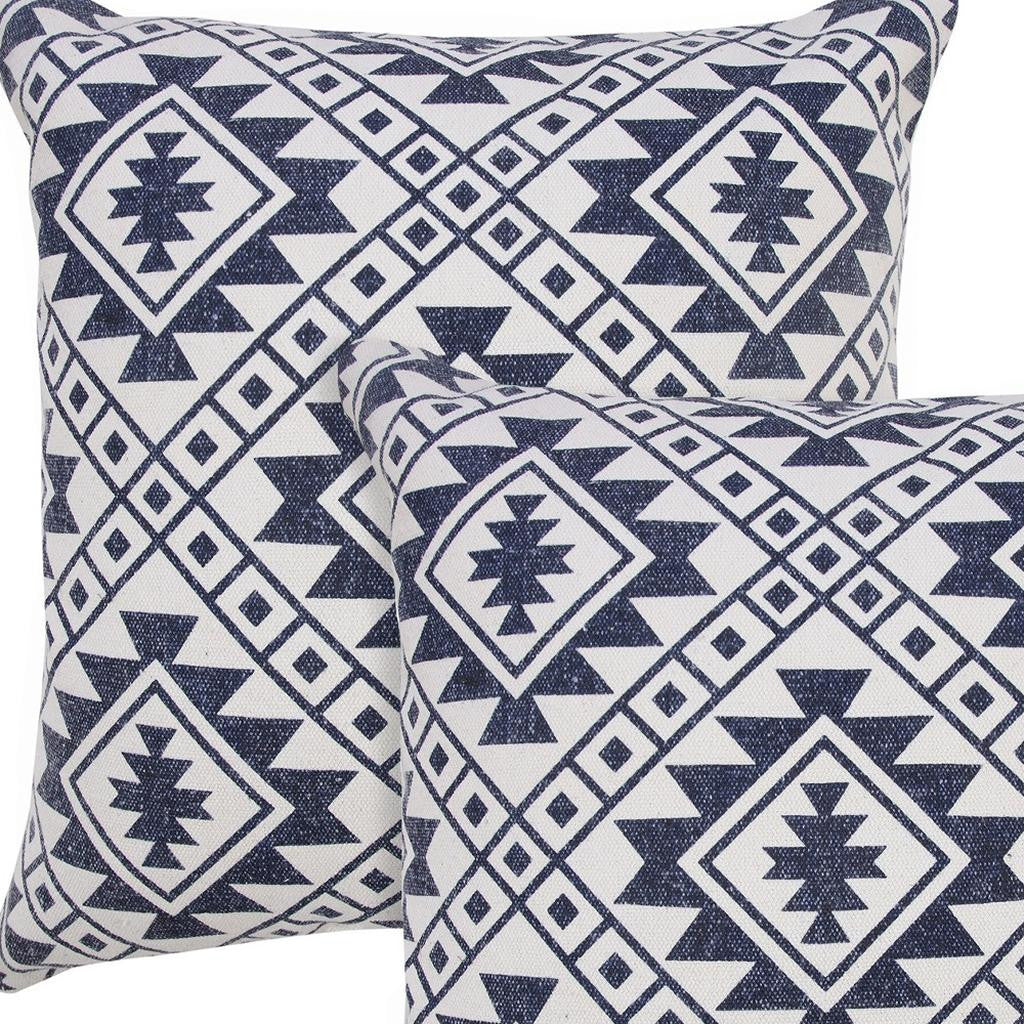 Set of Two 20" Navy Blue And Beige Geometric Cotton Throw Pillows