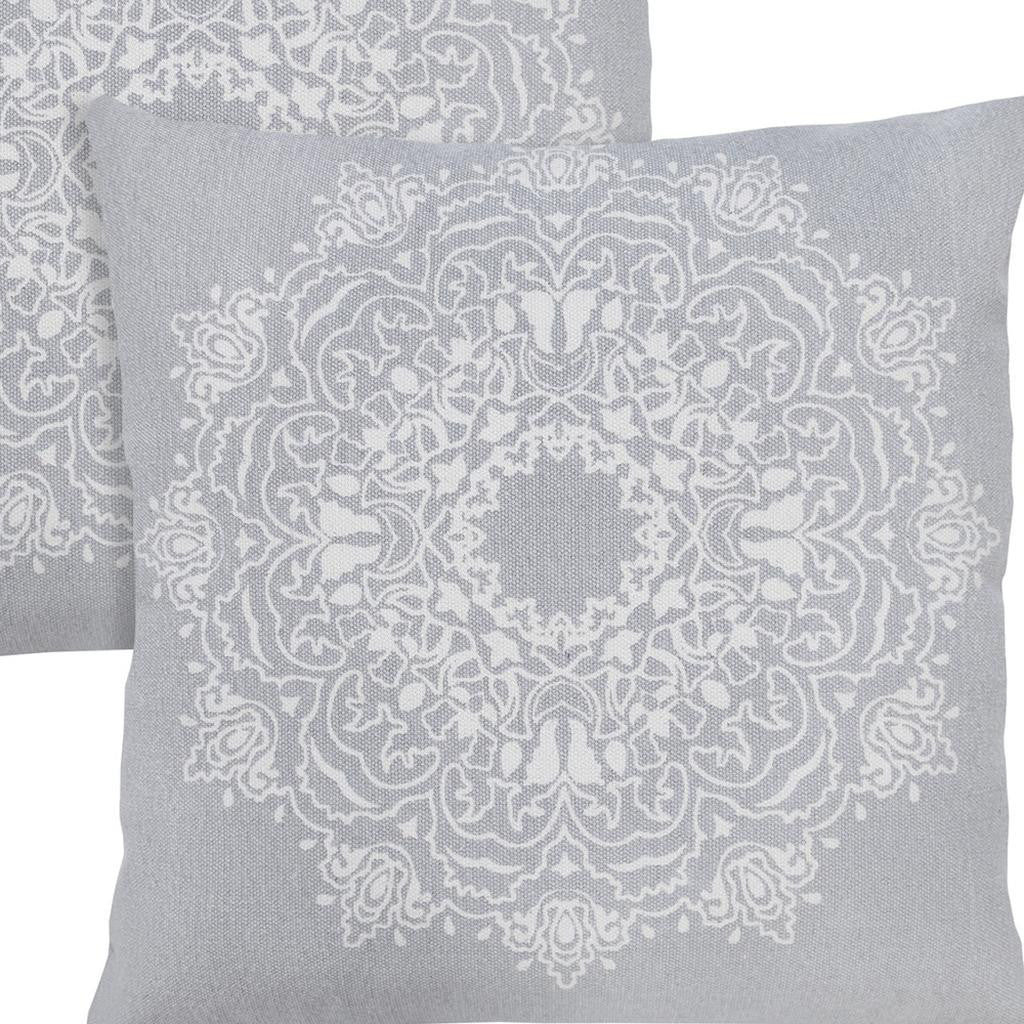 Set of Two 20" Gray And Off White Medallion Cotton Throw Pillows
