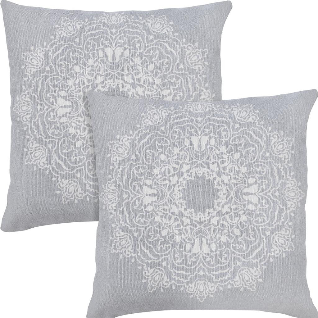 Set of Two 20" Gray And Off White Medallion Cotton Throw Pillows