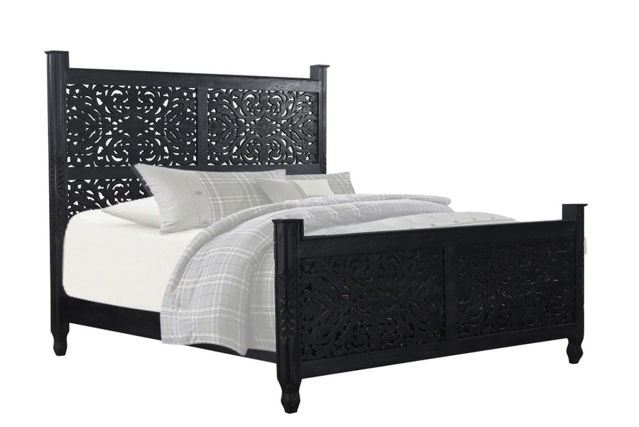 Five Piec Black Solid Wood Bedroom Set With Mirror