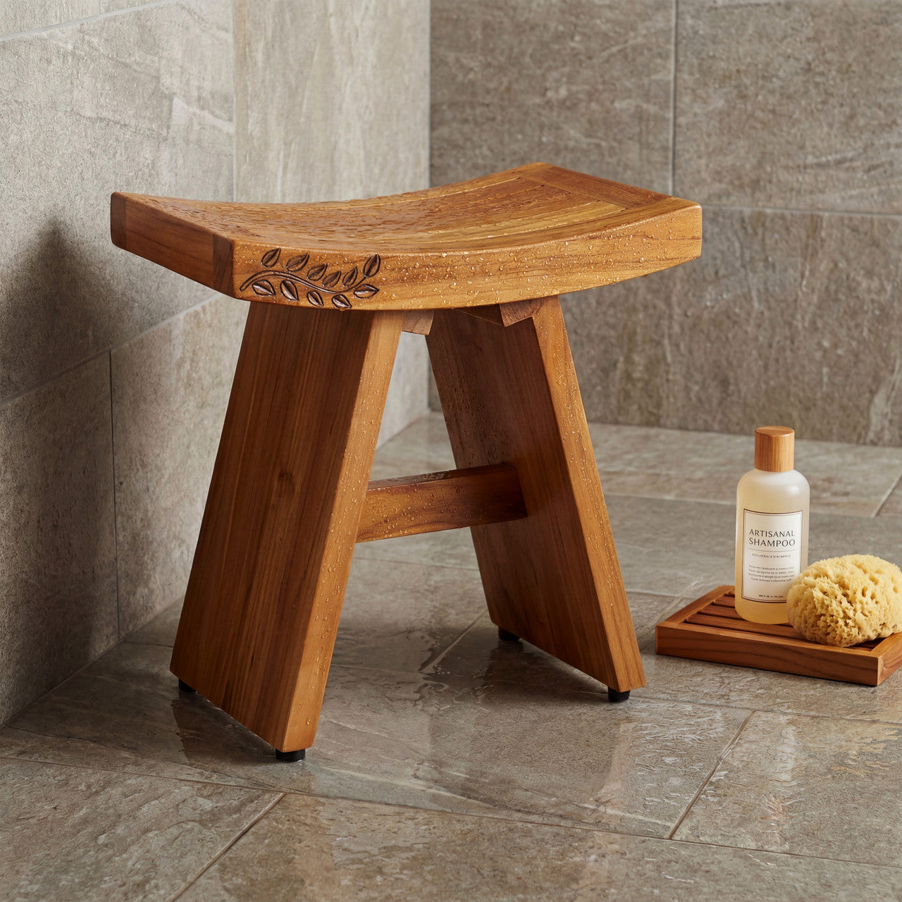 18" X 18" Brown Teak Front Leaves Rectangular Shower Bench