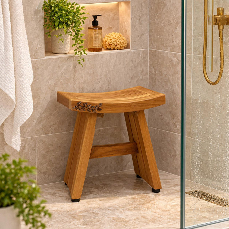 18" X 18" Brown Teak Front Leaves Rectangular Shower Bench