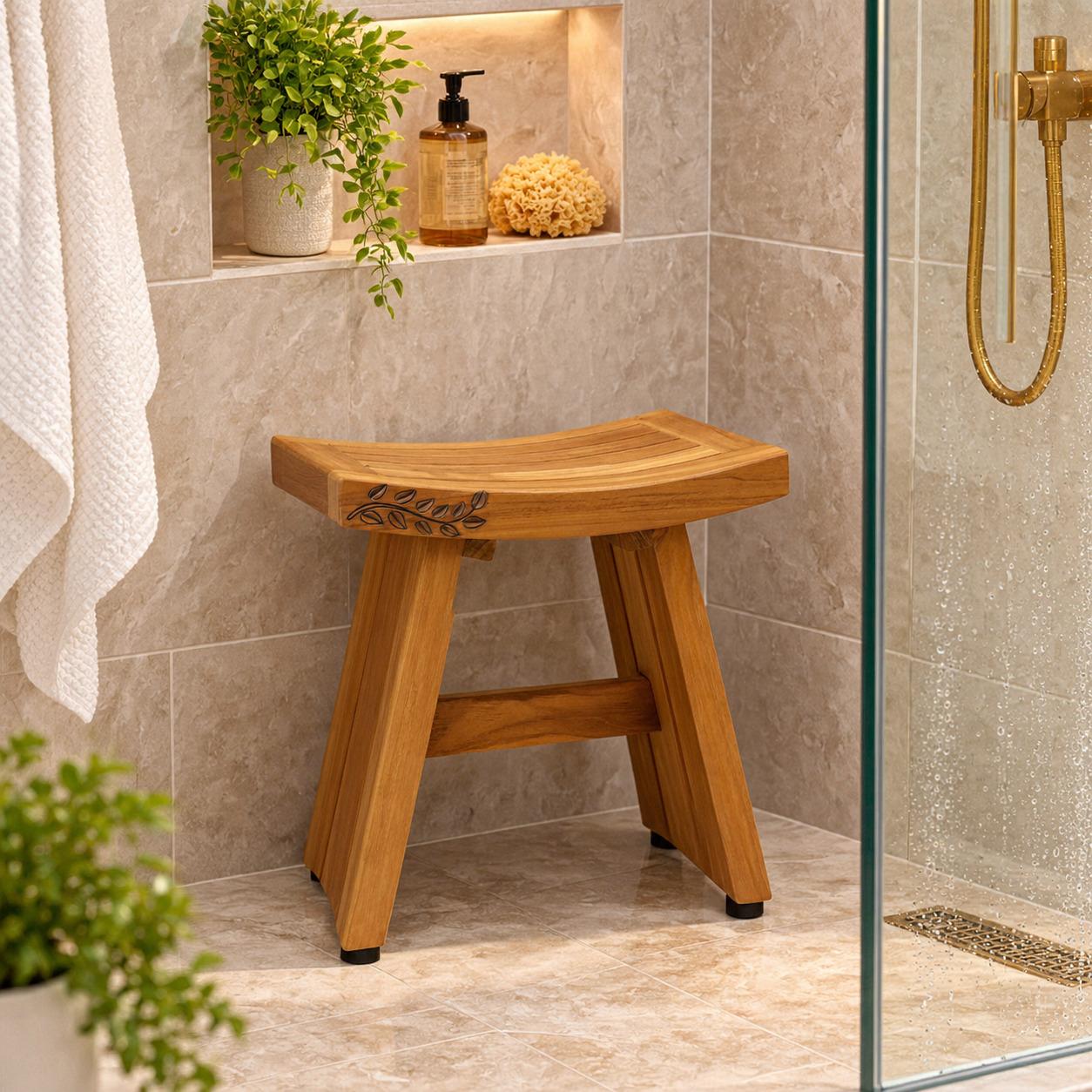 18" X 18" Brown Teak Front Leaves Rectangular Shower Bench