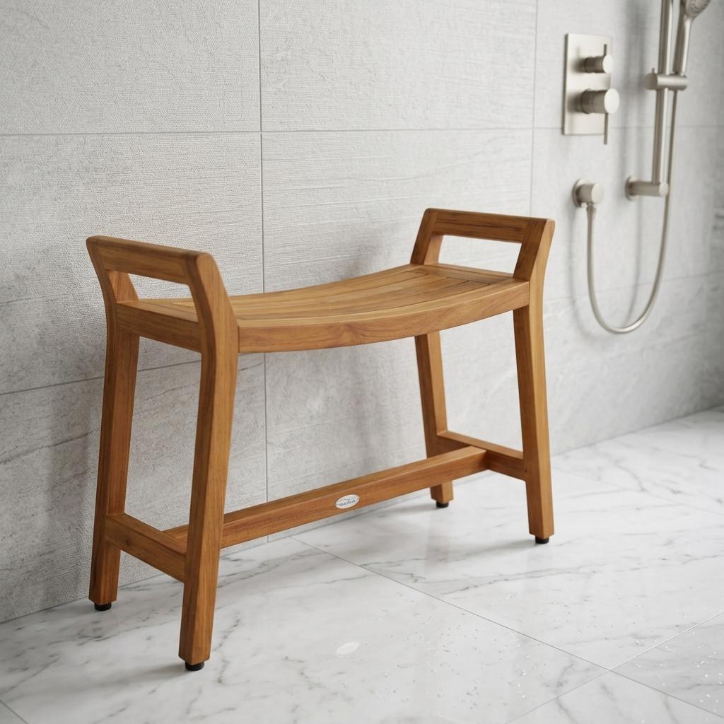 22" X 31" Brown Teak Rectangular Shower Bench With Handles