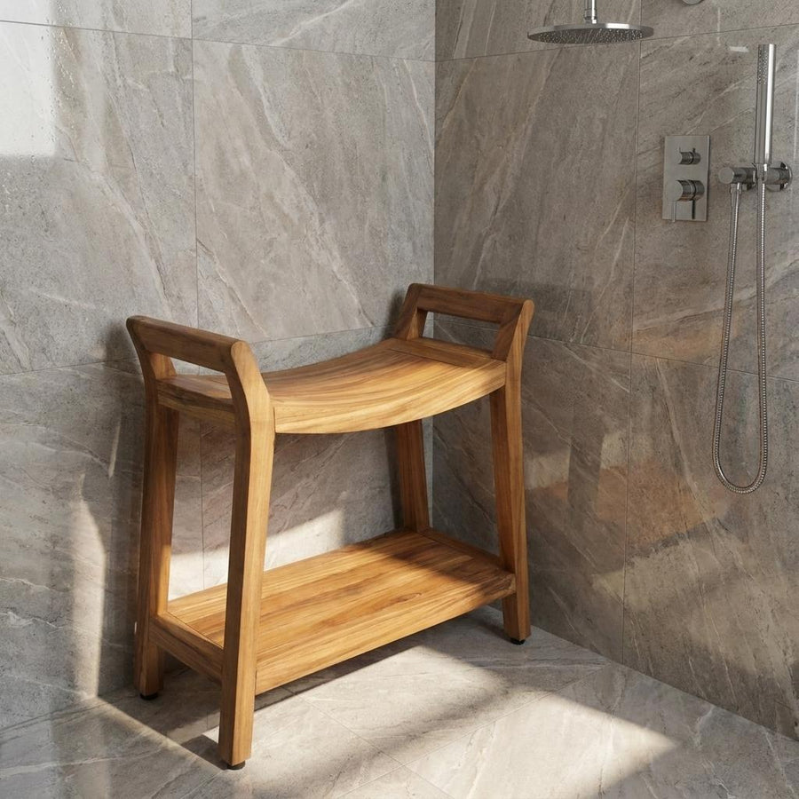 26" X 27" Light Brown Teak Rectangular Shower Bench With Shelf