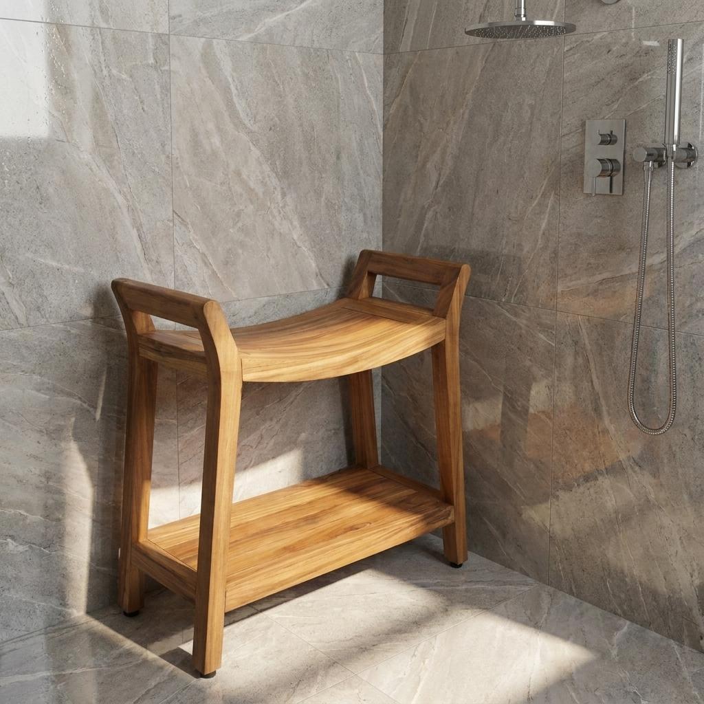 26" X 27" Light Brown Teak Rectangular Shower Bench With Shelf