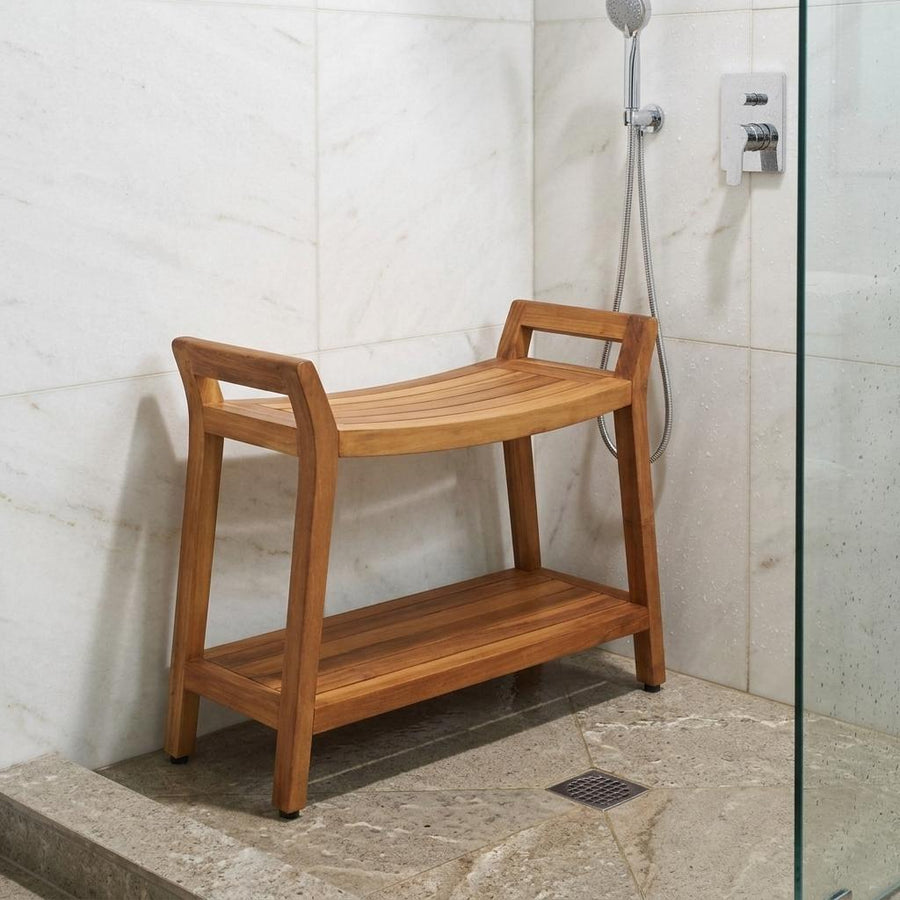 26" X 32" Brown Teak Rectangular Shower Bench With Shelf