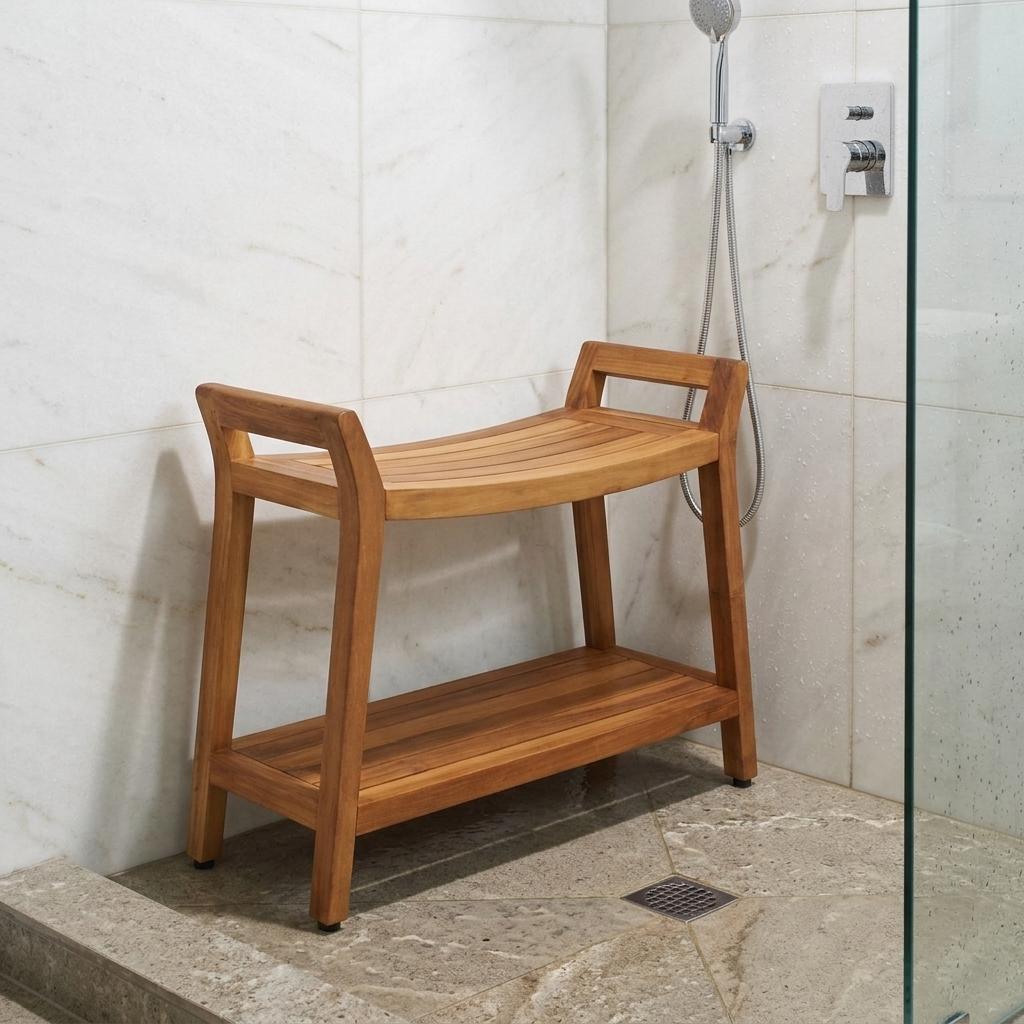 26" X 32" Brown Teak Rectangular Shower Bench With Shelf