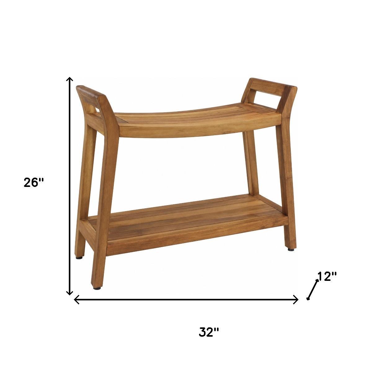 26" X 32" Brown Teak Rectangular Shower Bench With Shelf