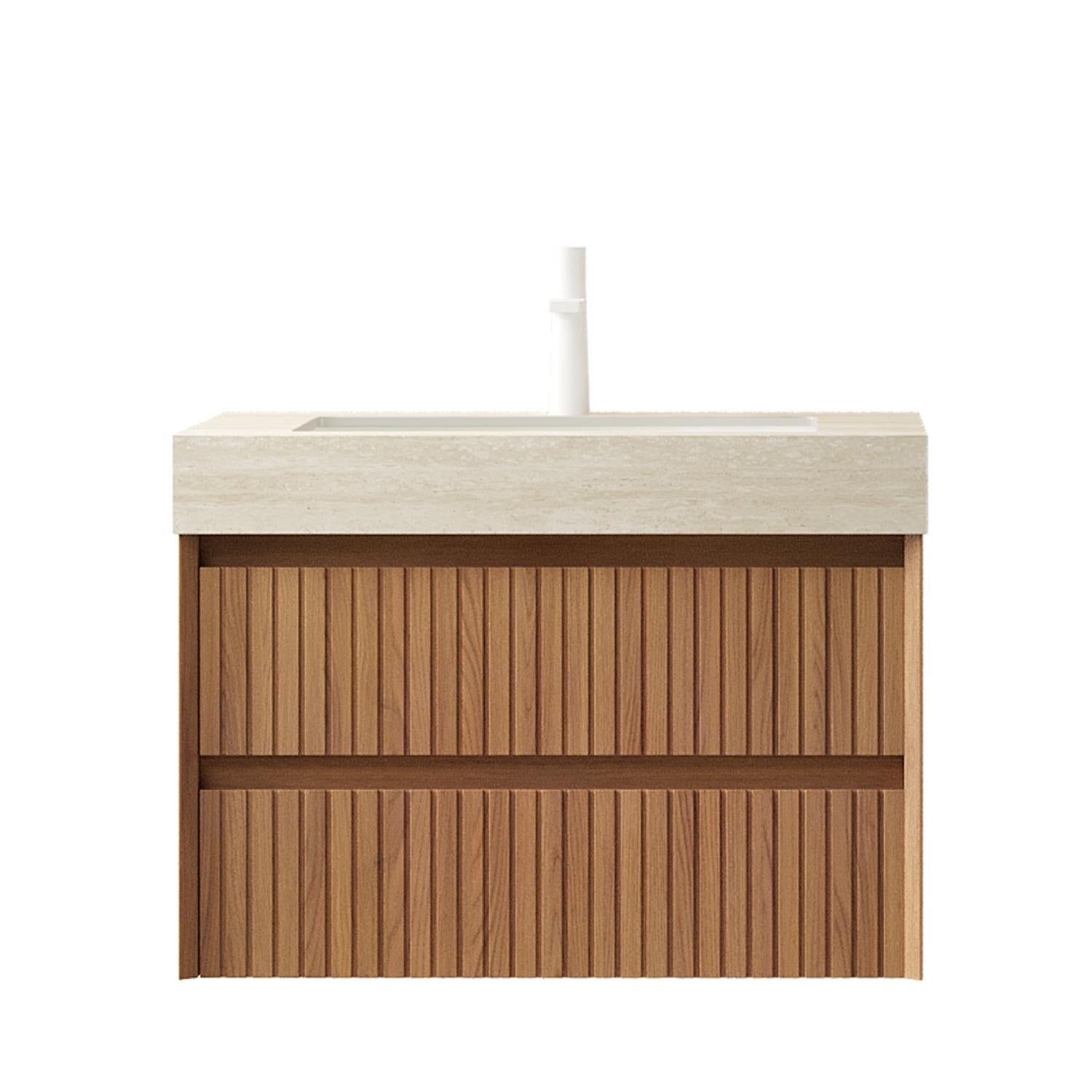 30" Brown Wood Floating Bathroom Vanity With White Ceramic Sink With Two Drawers