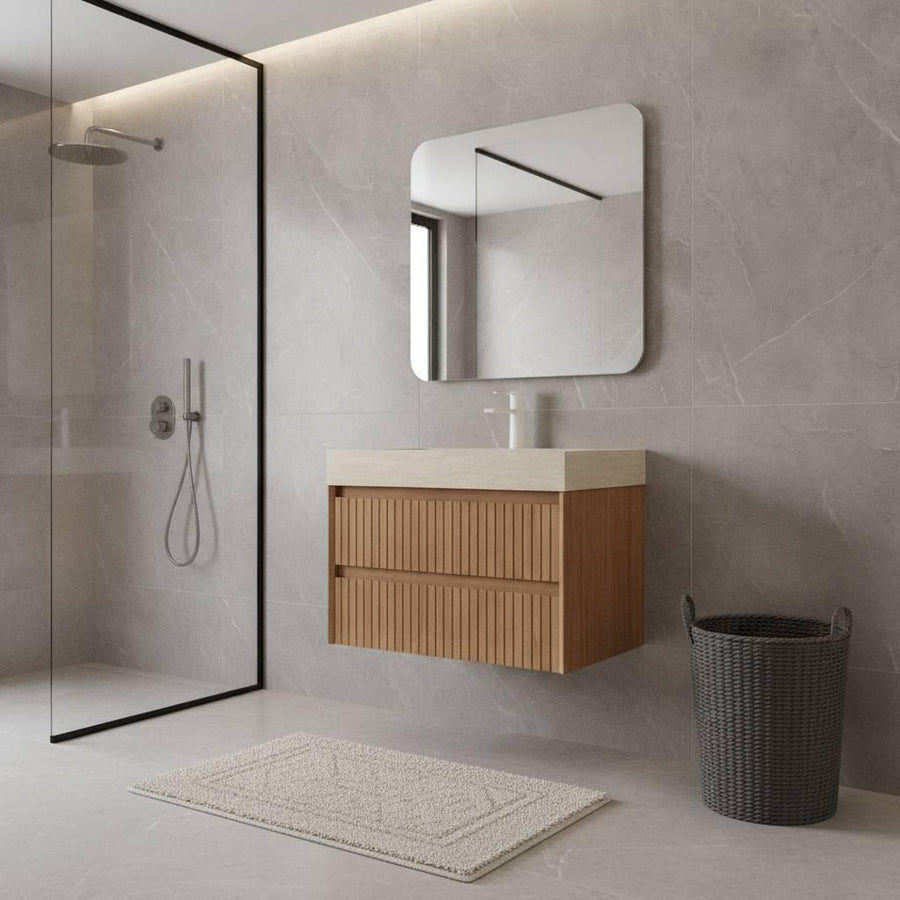 30" Brown Wood Floating Bathroom Vanity With White Ceramic Sink With Two Drawers
