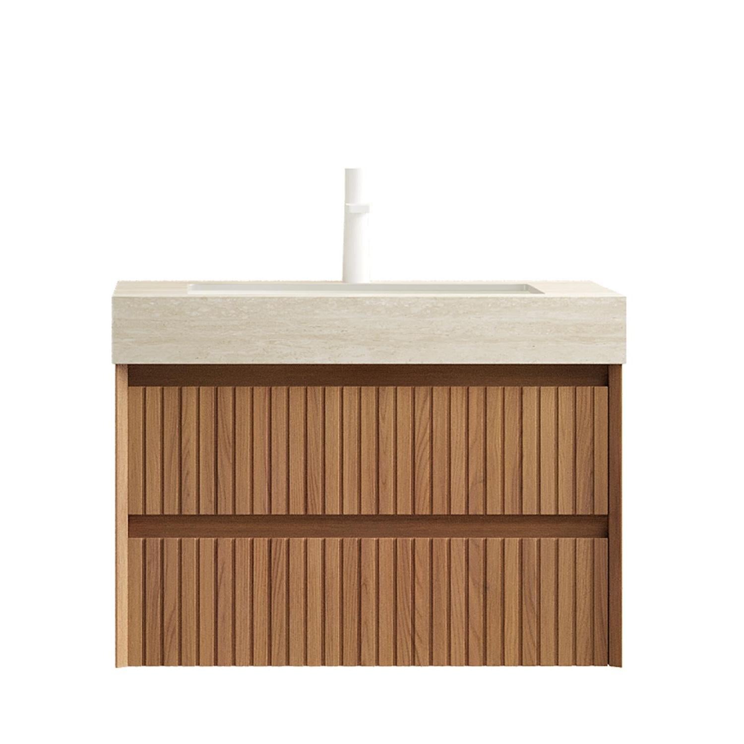 30" Brown Wood Floating Bathroom Vanity With White Ceramic Sink With Two Drawers