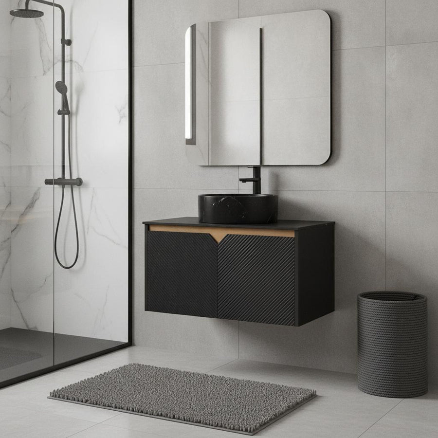 30" Black Wood Floating Double Door Bathroom Vanity With Ceramic Sink