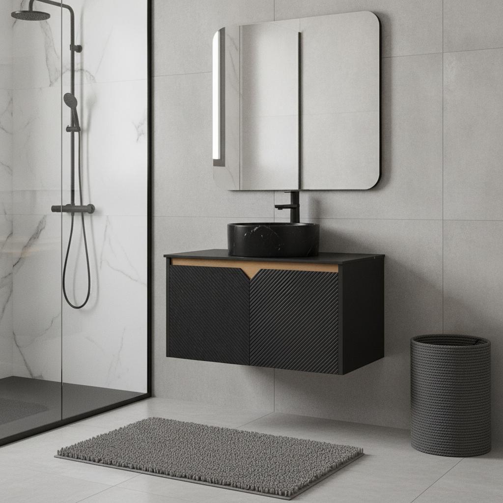 30" Black Wood Floating Double Door Bathroom Vanity With Ceramic Sink