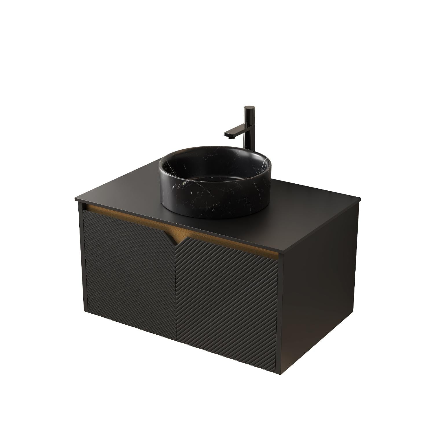 30" Black Wood Floating Double Door Bathroom Vanity With Ceramic Sink