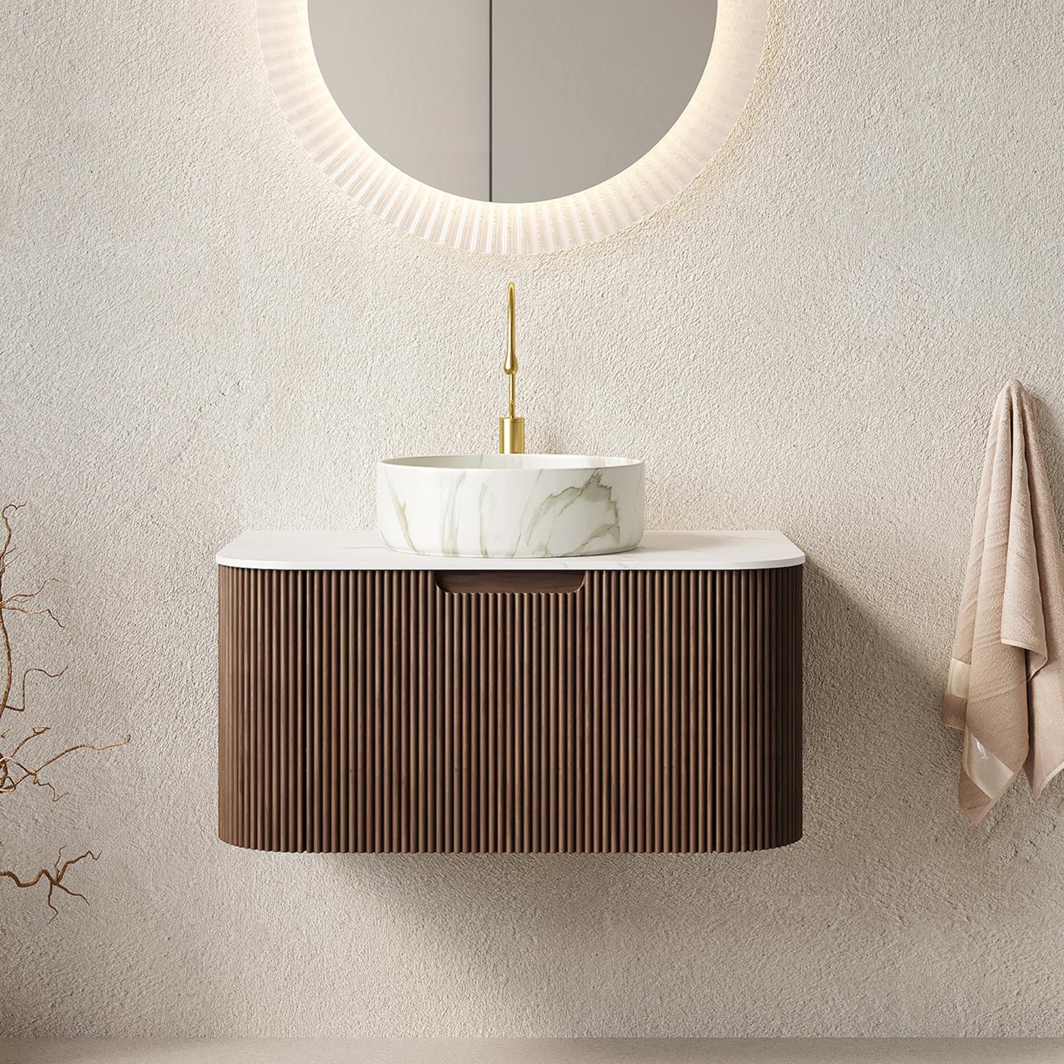 30" Brown Wood Floating Bathroom Vanity With White Ceramic Sink