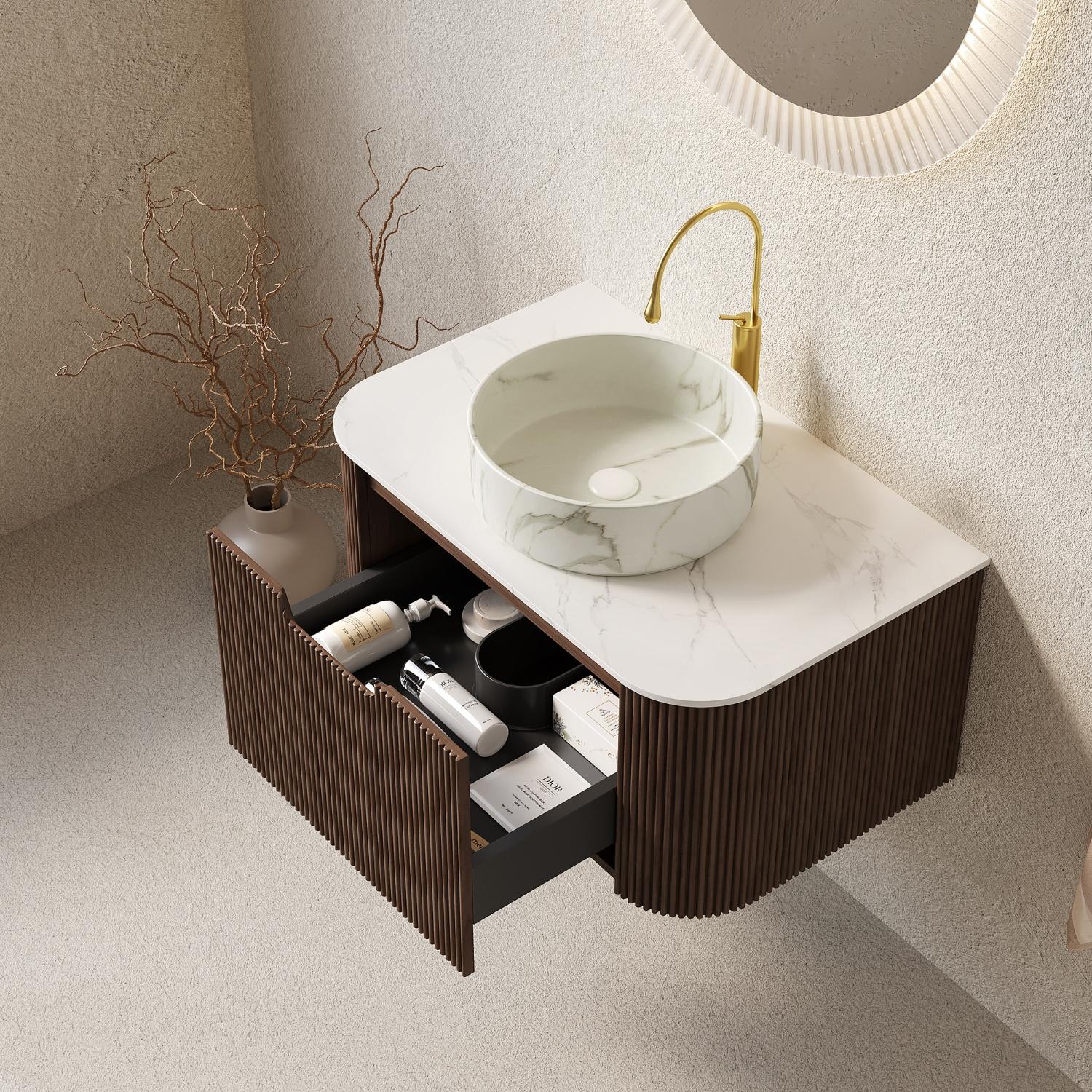 30" Brown Wood Floating Bathroom Vanity With White Ceramic Sink