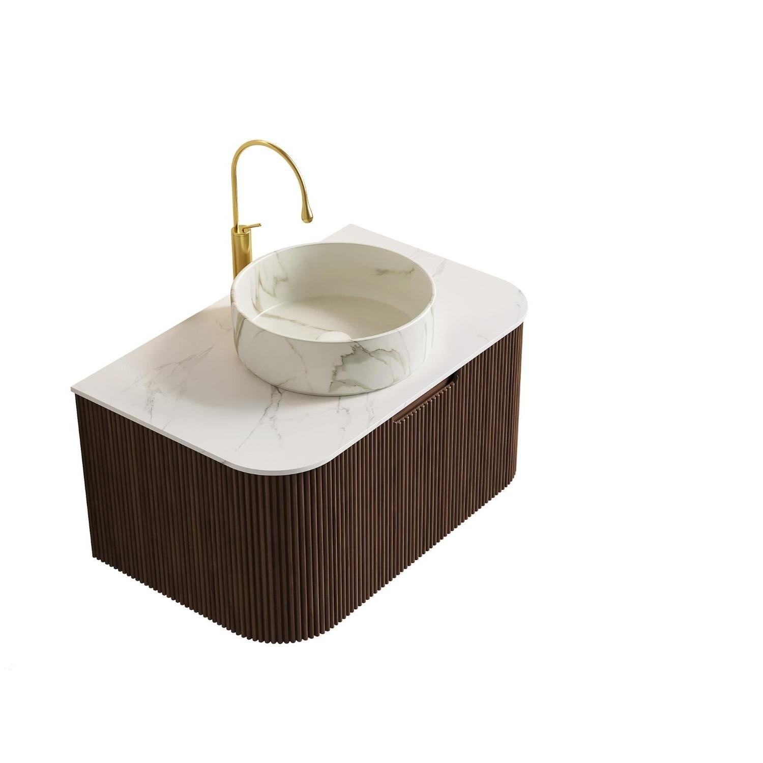 30" Brown Wood Floating Bathroom Vanity With White Ceramic Sink