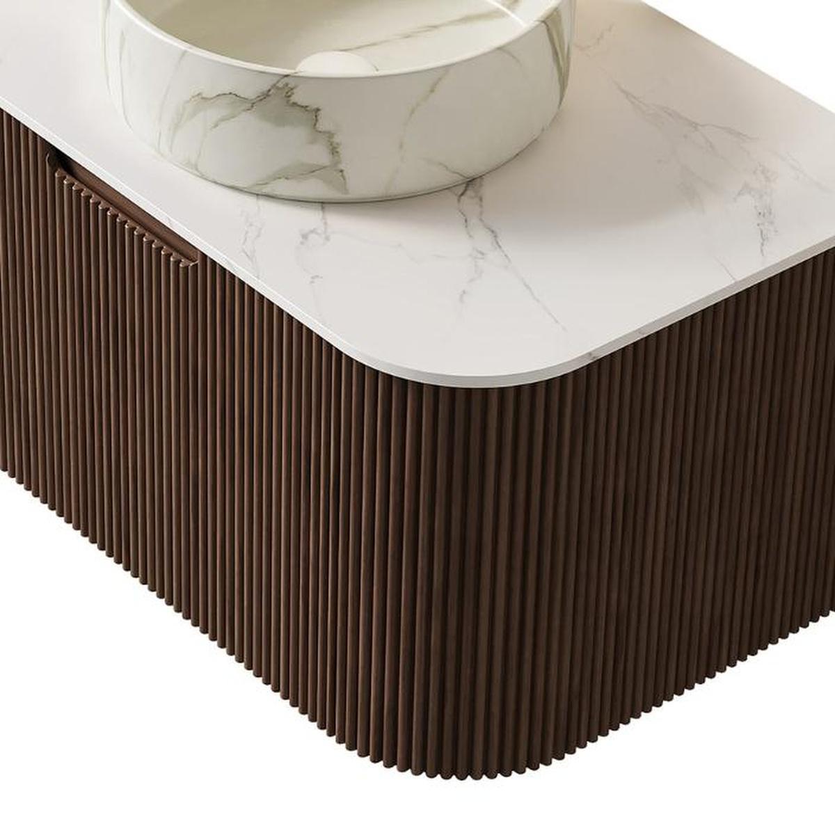 30" Brown Wood Floating Bathroom Vanity With White Ceramic Sink