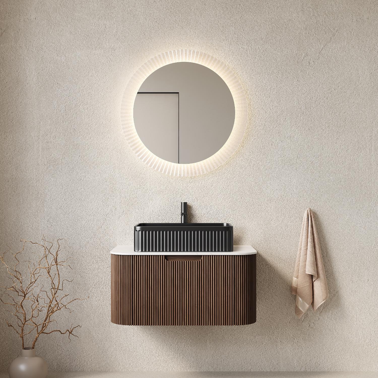 30" Brown Wood Floating Bathroom Vanity With Black Ceramic Sink