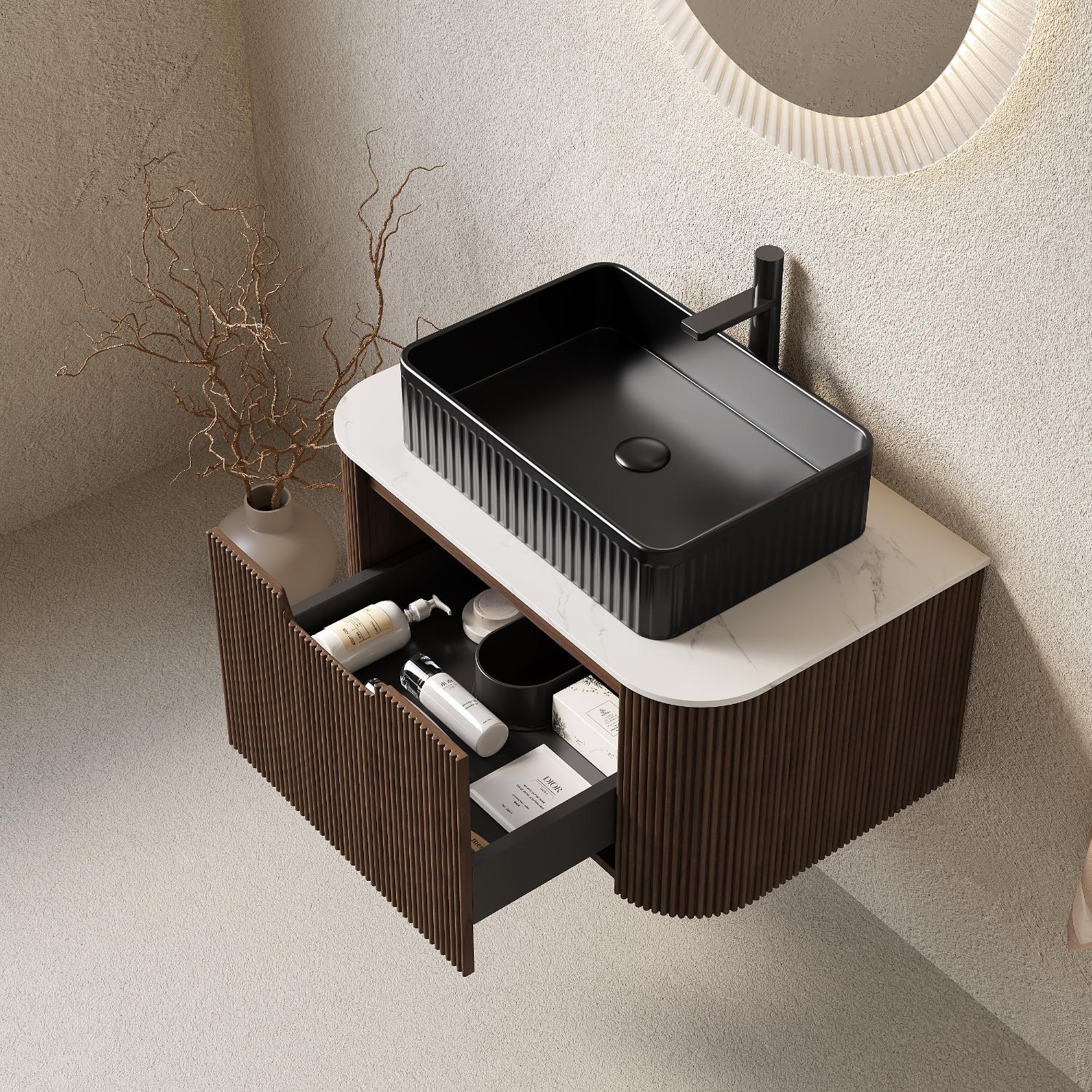 30" Brown Wood Floating Bathroom Vanity With Black Ceramic Sink