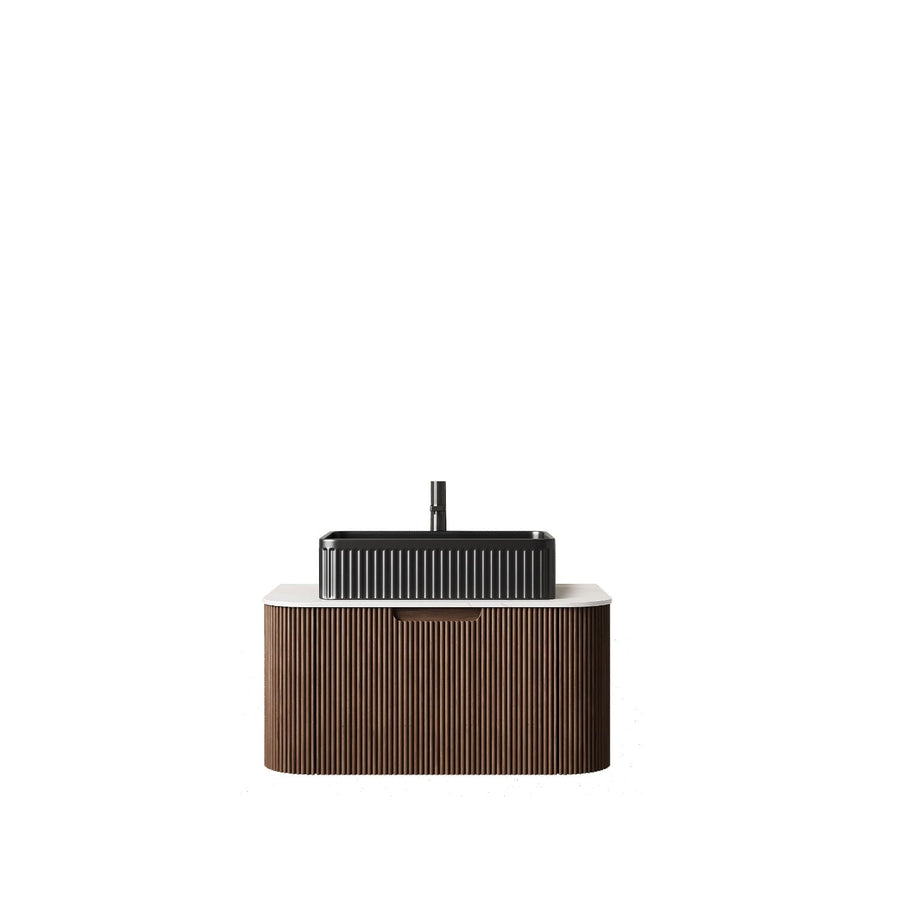 30" Brown Wood Floating Bathroom Vanity With Black Ceramic Sink