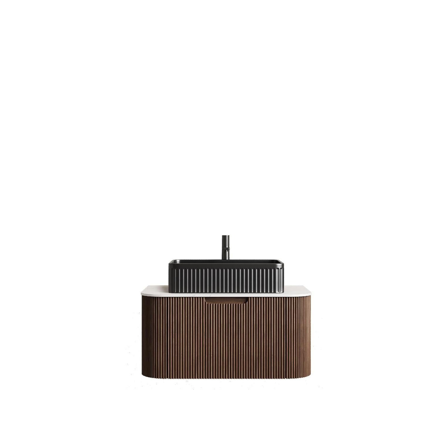 30" Brown Wood Floating Bathroom Vanity With Black Ceramic Sink