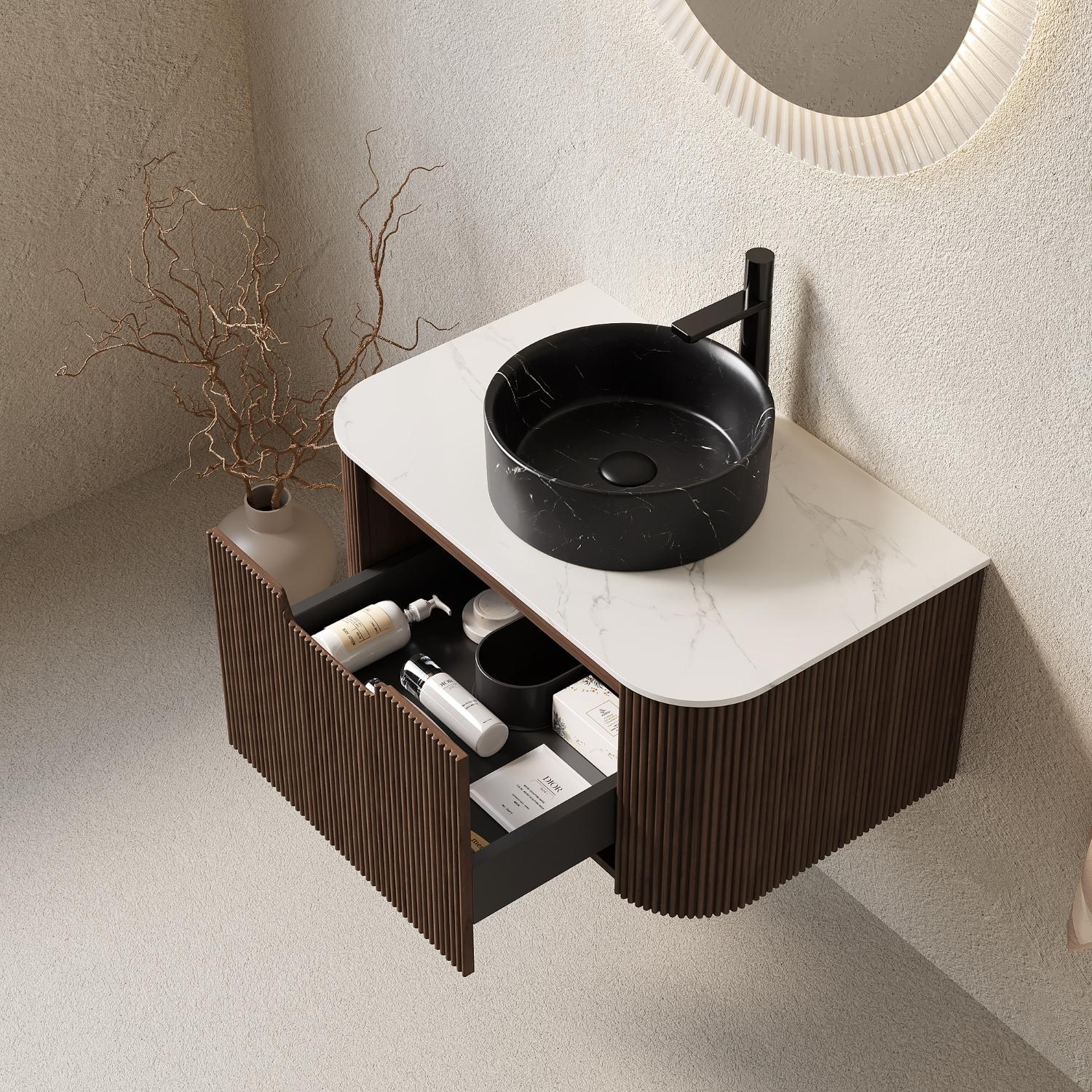 30" Brown Wood Floating Bathroom Vanity With Black Ceramic Sink