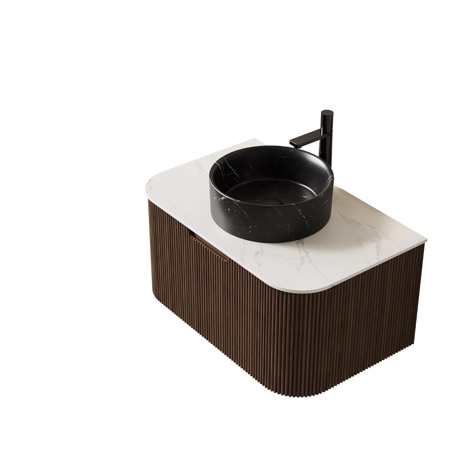 30" Brown Wood Floating Bathroom Vanity With Black Ceramic Sink