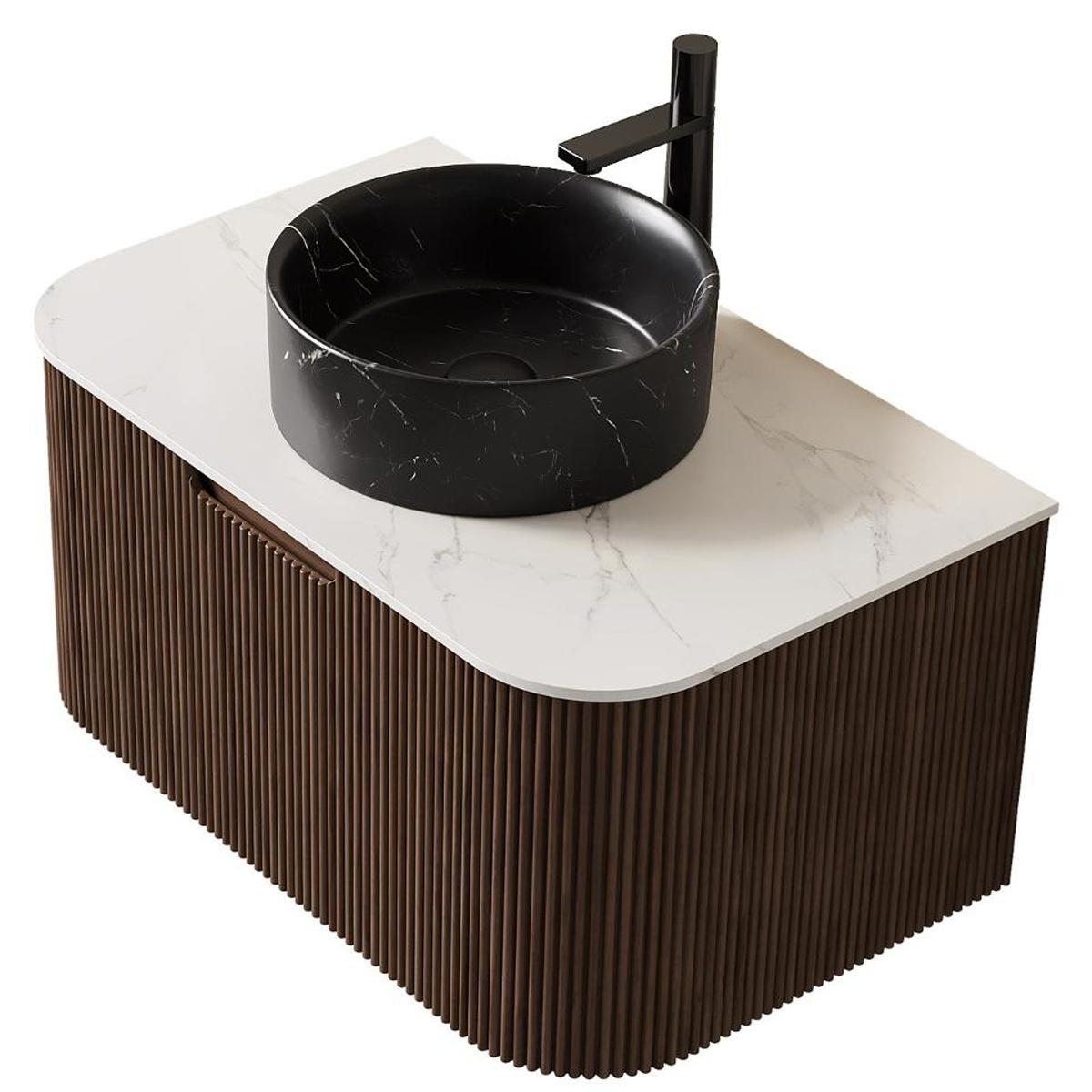 30" Brown Wood Floating Bathroom Vanity With Black Ceramic Sink