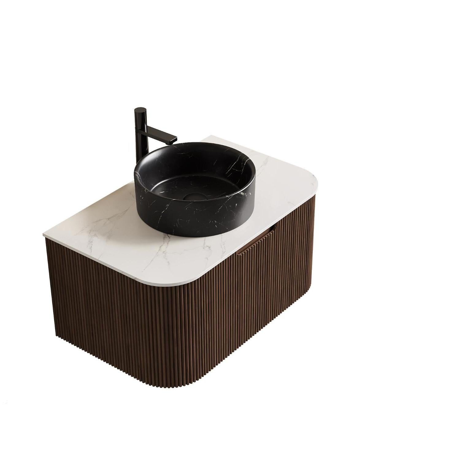 30" Brown Wood Floating Bathroom Vanity With Black Ceramic Sink