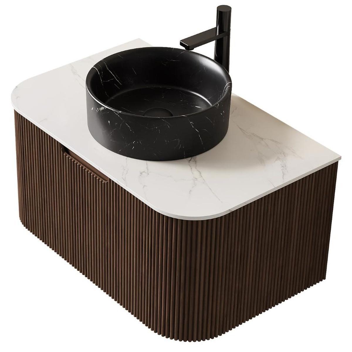 30" Brown Wood Floating Bathroom Vanity With Black Ceramic Sink