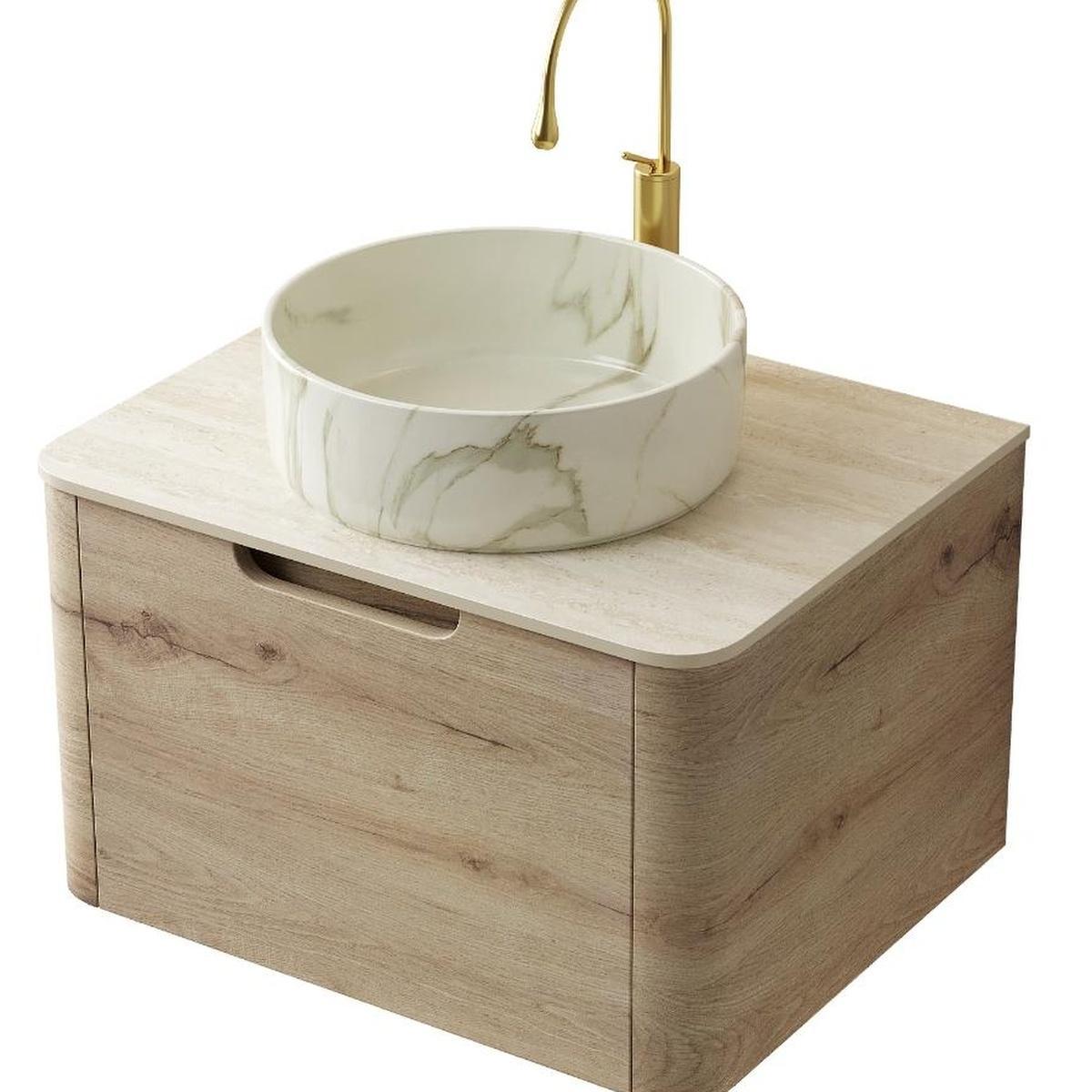 24" Brown Wood Floating Bathroom Vanity With White Ceramic Sink