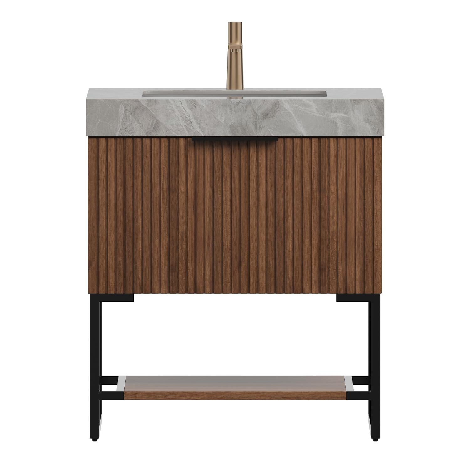 30" Brown Wood Bathroom Vanity With White Ceramic Sink