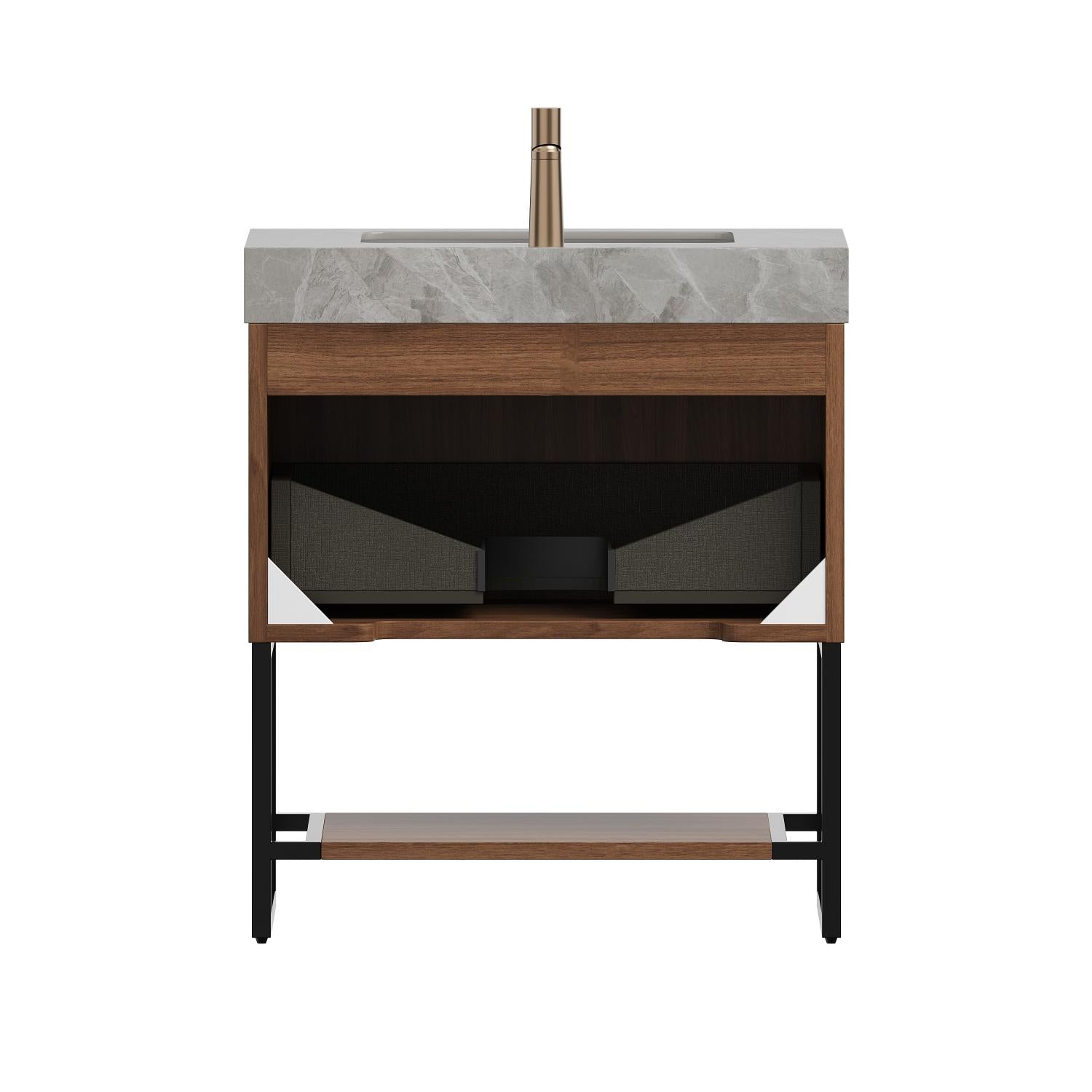 30" Brown Wood Bathroom Vanity With White Ceramic Sink