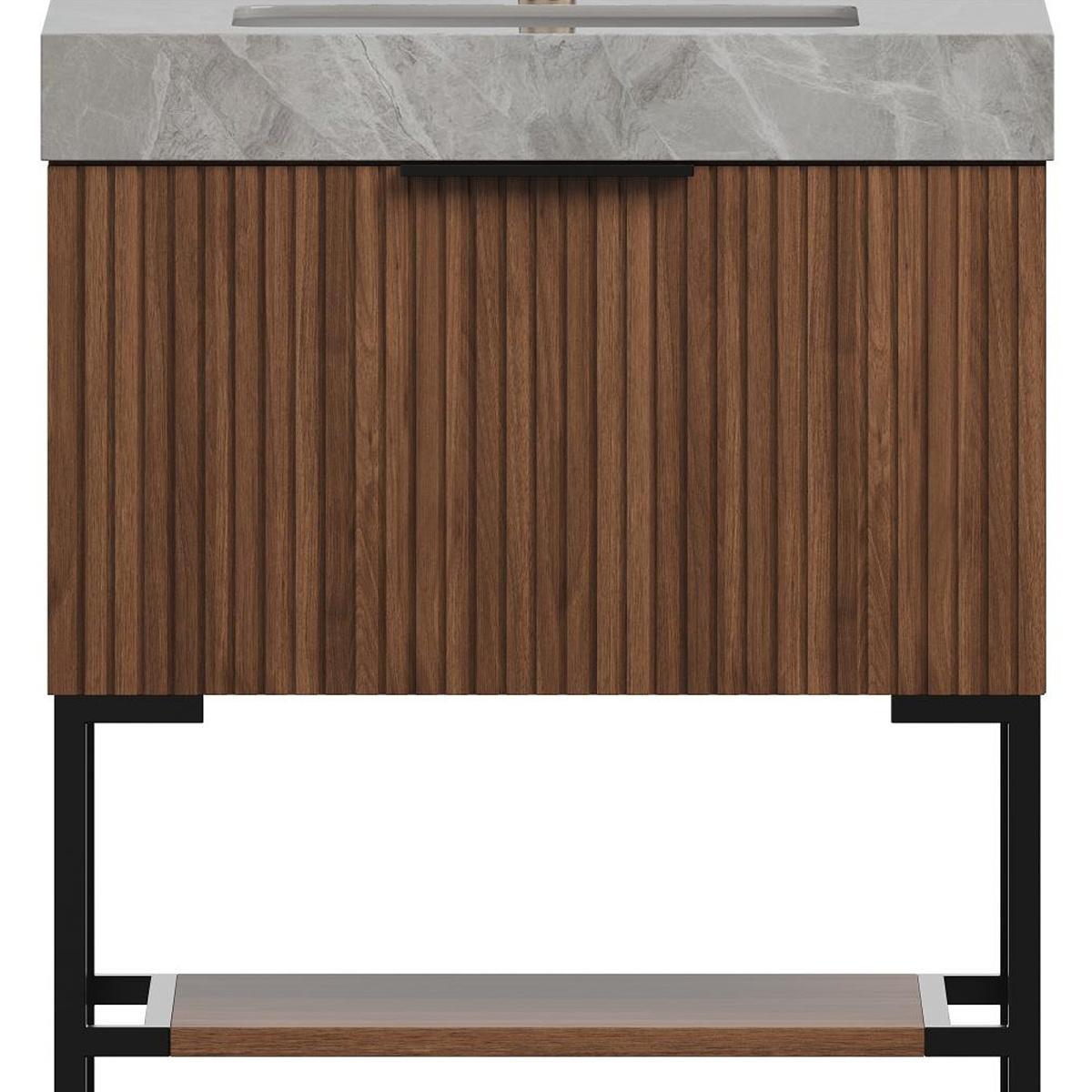 30" Brown Wood Bathroom Vanity With White Ceramic Sink