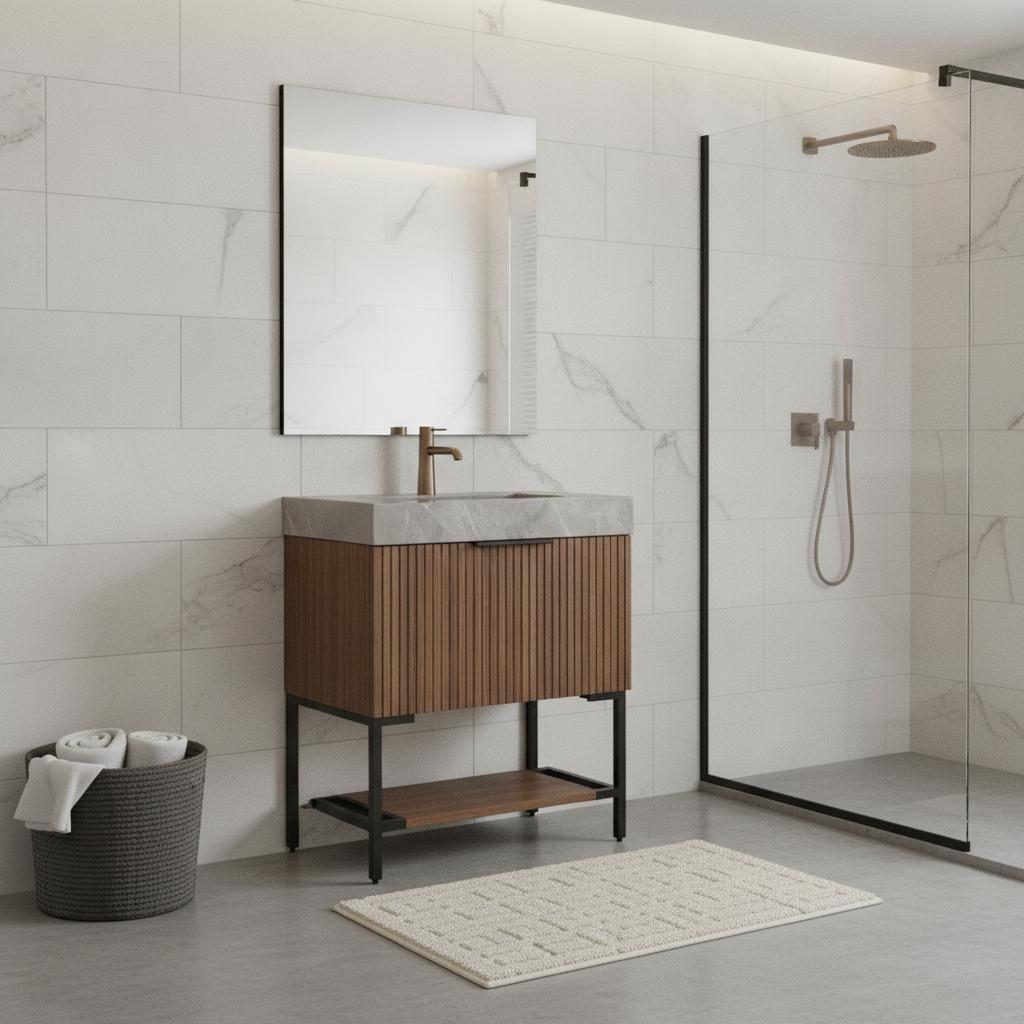 30" Brown Wood Bathroom Vanity With White Ceramic Sink