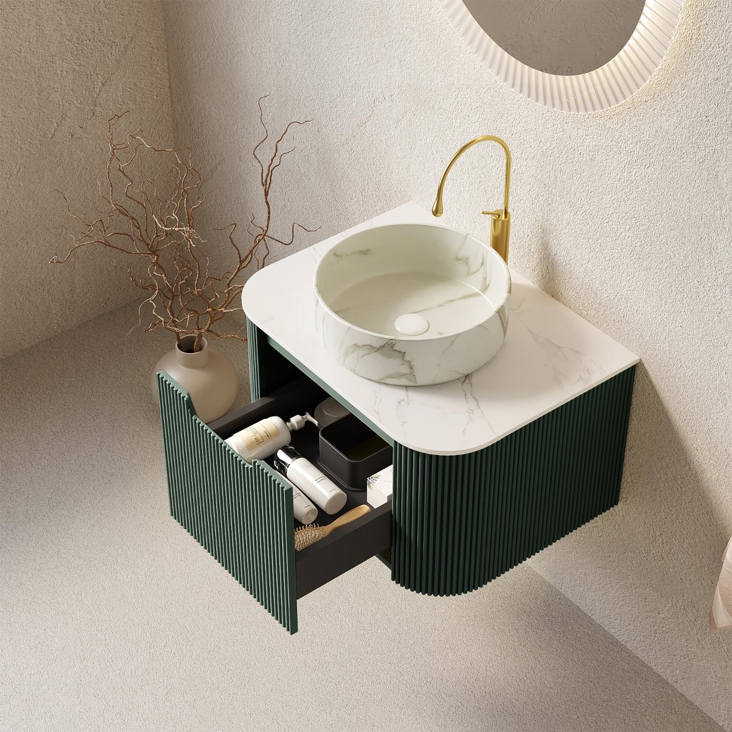 24" Green Wood Floating Bathroom Vanity With White Ceramic Sink