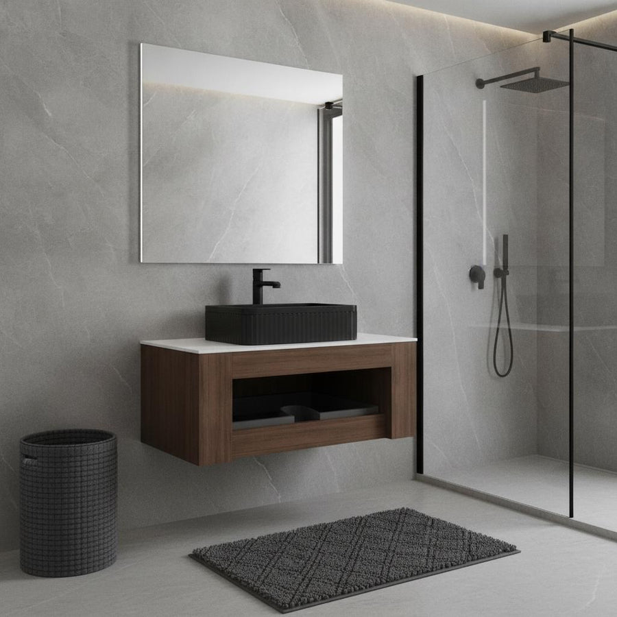 36" Brown Wood Floating Bathroom Vanity With Black Ceramic Sink